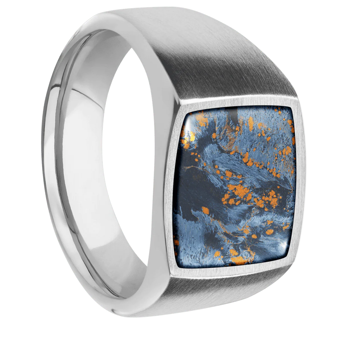 Medium Cushion signet ring (14x14mm) in Palladium Silver, with a Wide style band, a Pietersite inlay.