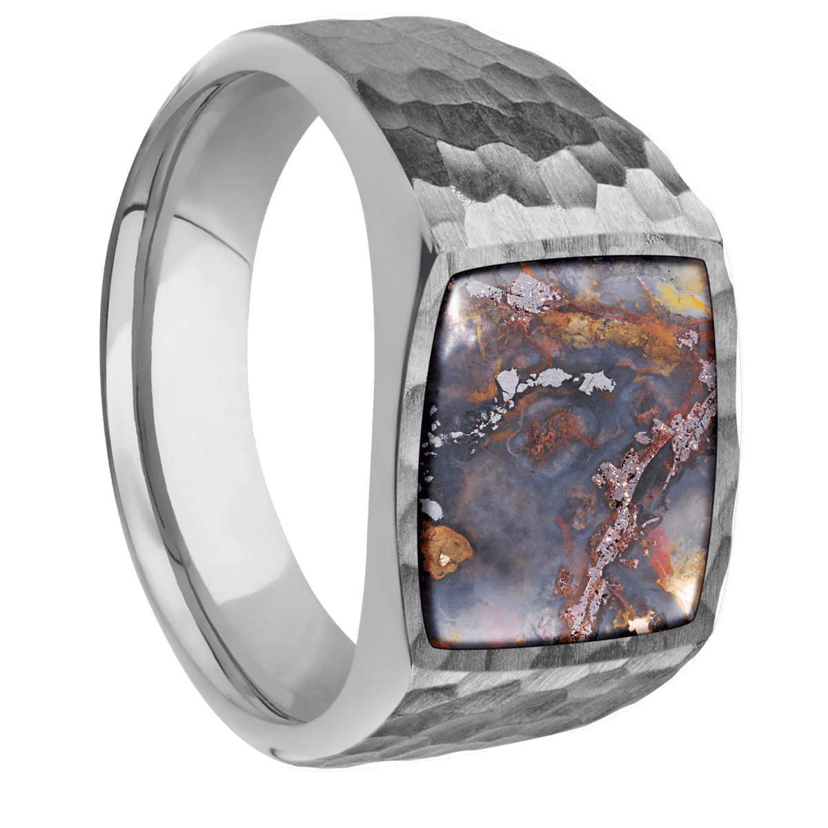 Medium Cushion signet ring (14x14mm) in Titanium, with a Wide style band, a Chrysocopper inlay.