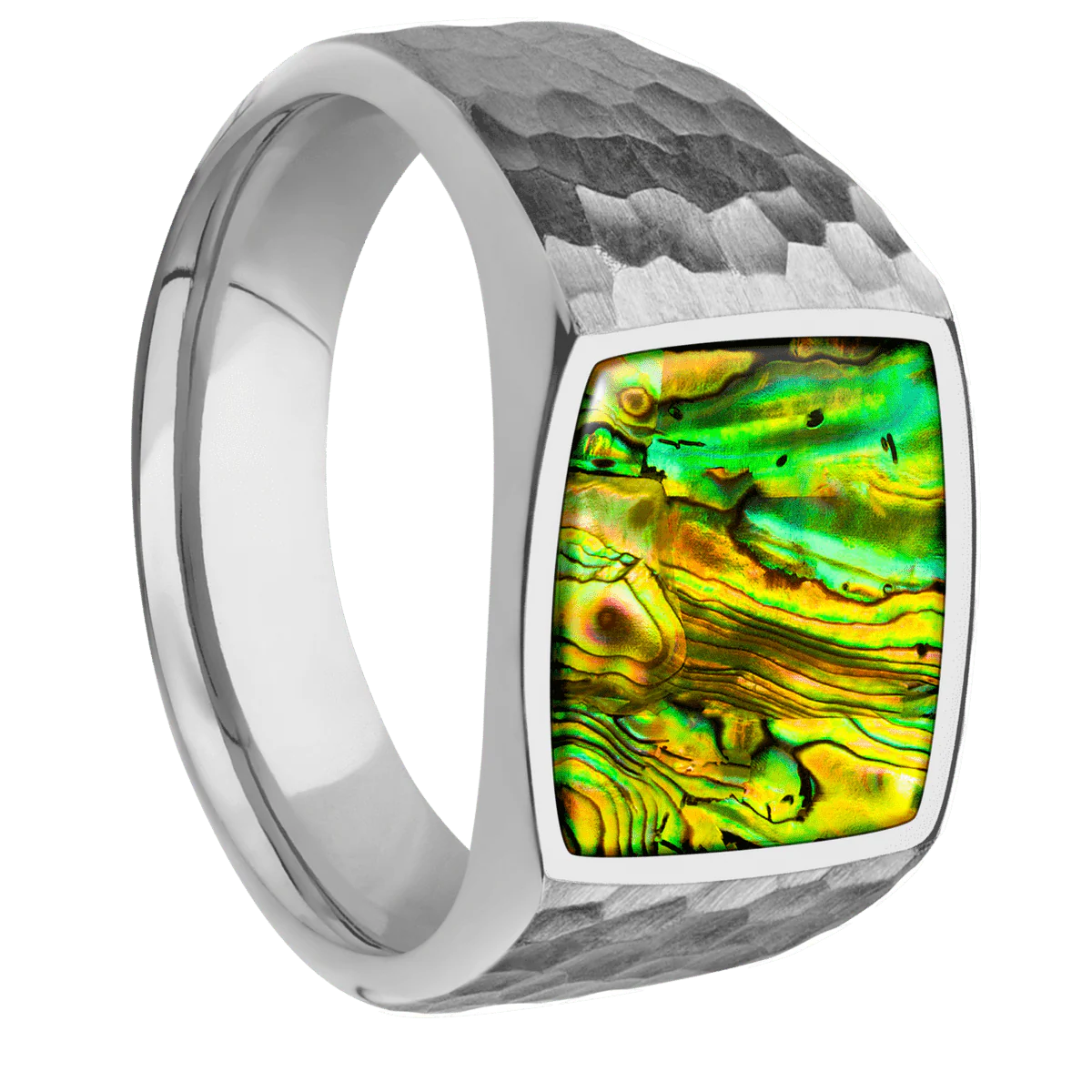 Medium Cushion signet ring (14x14mm) in Titanium, with a Wide style band, a Neon Abalone inlay.