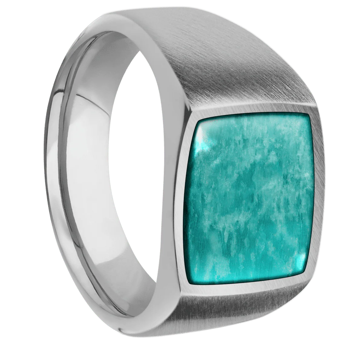 Medium Cushion signet ring (14x14mm) in Titanium, with a Wide style band, an Amazonite inlay.