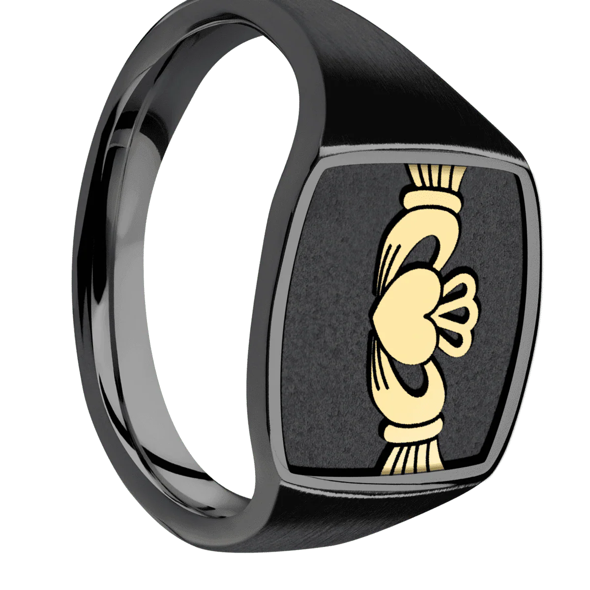 Medium Cushion signet ring (14x14mm) in Zirconium, with a Thin style band, a 14K Yellow Gold inlay and a Claddagh 4 engraving.