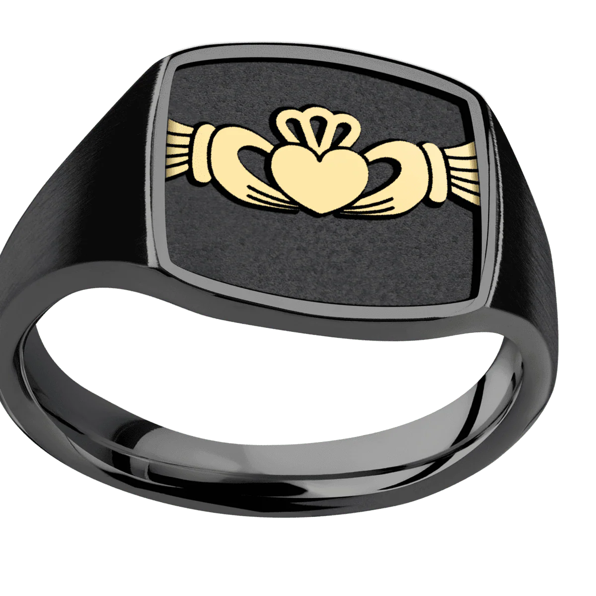 Medium Cushion signet ring (14x14mm) in Zirconium, with a Thin style band, a 14K Yellow Gold inlay and a Claddagh 4 engraving. - Image 3