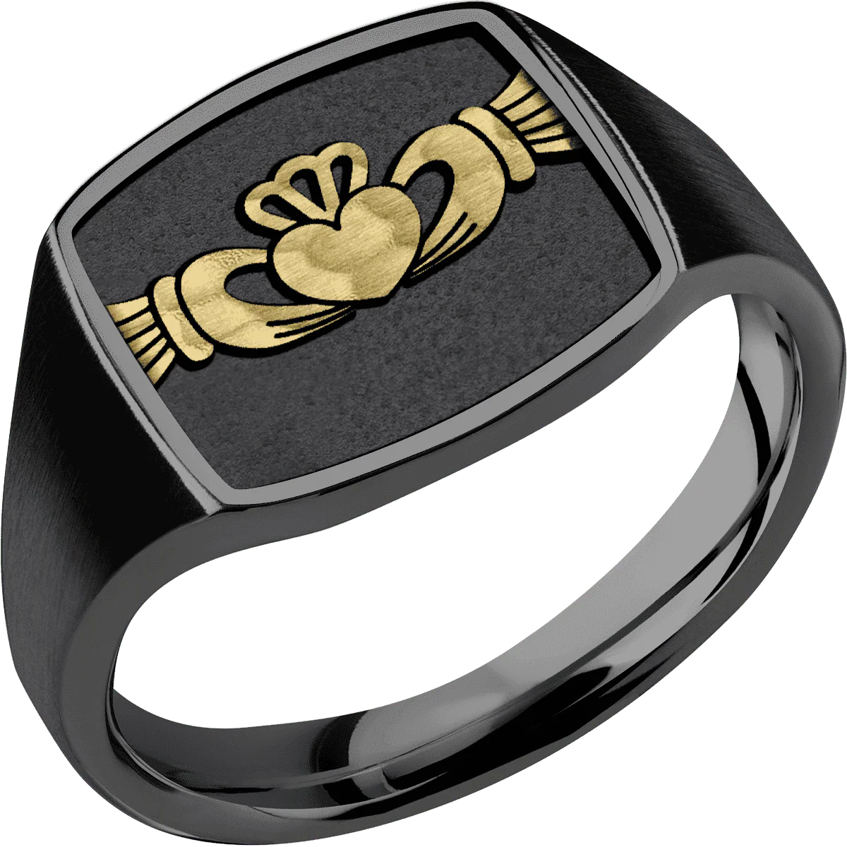 Medium Cushion signet ring (14x14mm) in Zirconium, with a Thin style band, a 14K Yellow Gold inlay and a Claddagh 4 engraving. - Image 2
