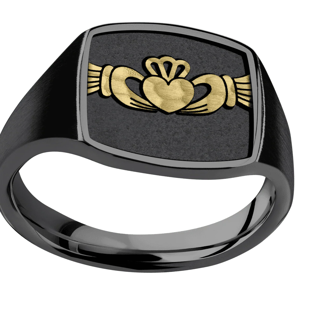 Medium Cushion signet ring (14x14mm) in Zirconium, with a Thin style band, a 14K Yellow Gold inlay and a Claddagh 4 engraving. - Image 3
