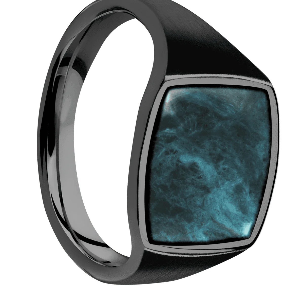 Medium Cushion signet ring (14x14mm) in Zirconium, with a Thin style band, a Washington Blue Jade inlay.