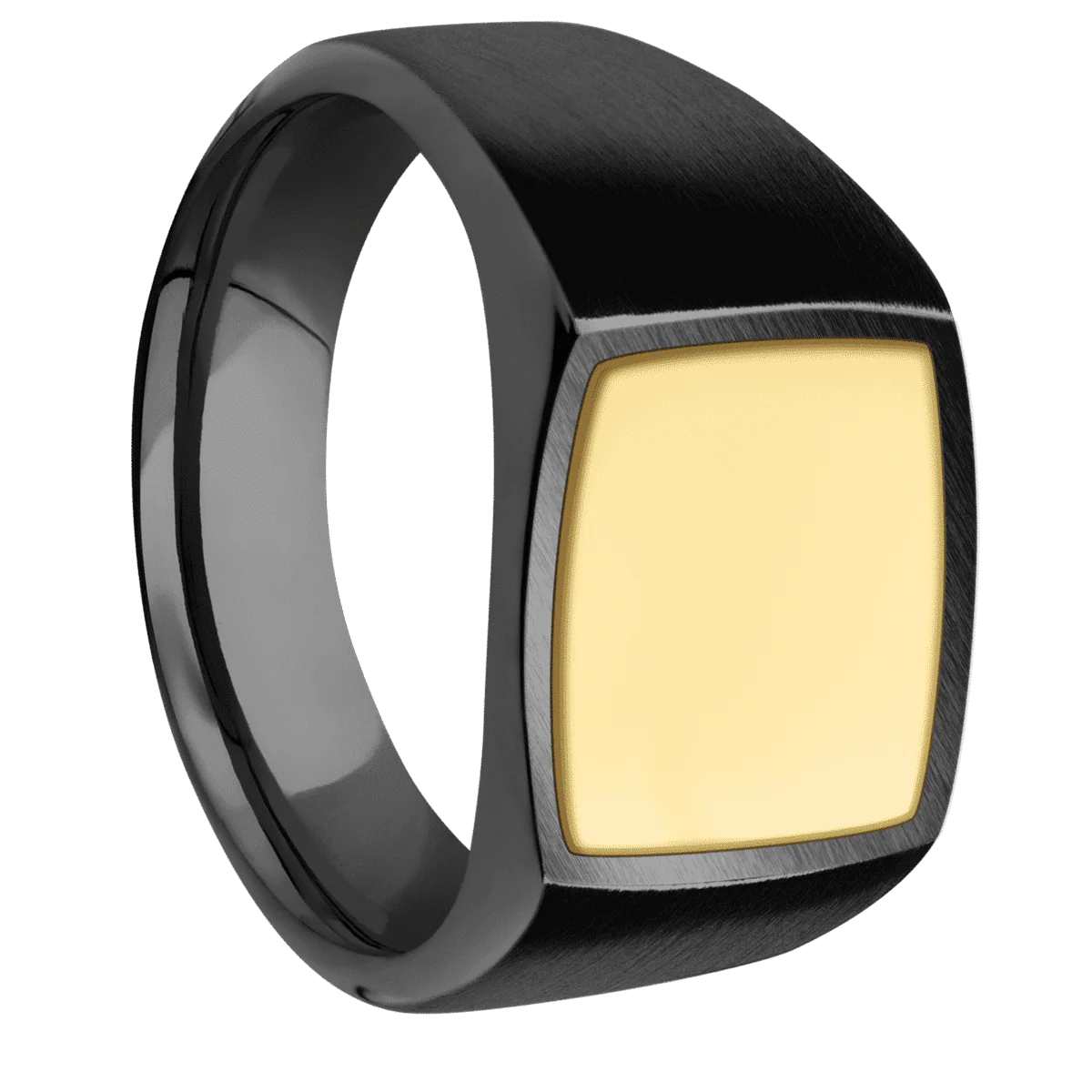 Medium Cushion signet ring (14x14mm) in Zirconium, with a Wide style band, a 14K Yellow Gold inlay.