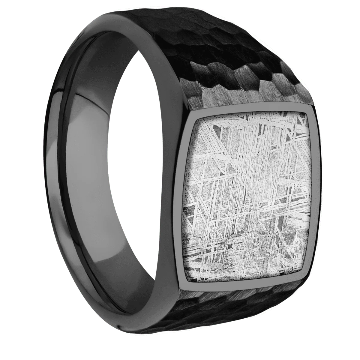 Medium Cushion signet ring (14x14mm) in Zirconium, with a Wide style band, a Meteorite inlay.