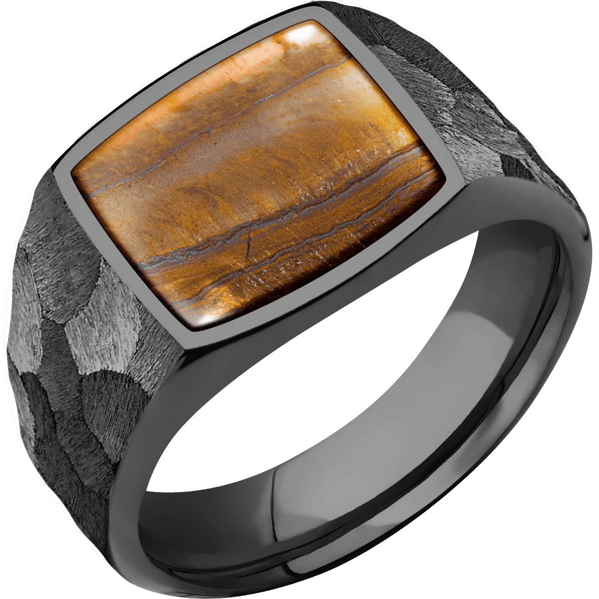 Medium Cushion signet ring (14x14mm) in Zirconium, with a Wide style band, a Tigers Eye inlay. - Image 2