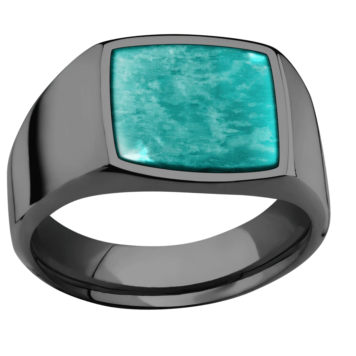 Medium Cushion signet ring (14x14mm) in Zirconium, with a Wide style band, an Amazonite inlay. - Image 3