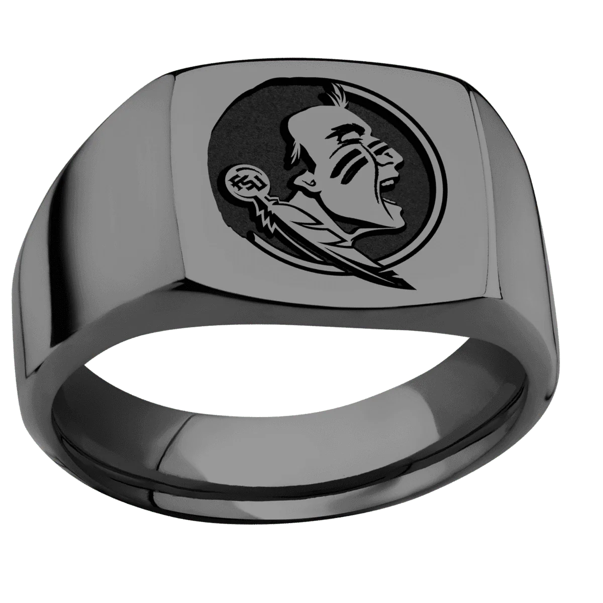 Medium Cushion signet ring (14x14mm) in Zirconium, with a Wide style band and a Florida State Seminole Head engraving. - Image 3
