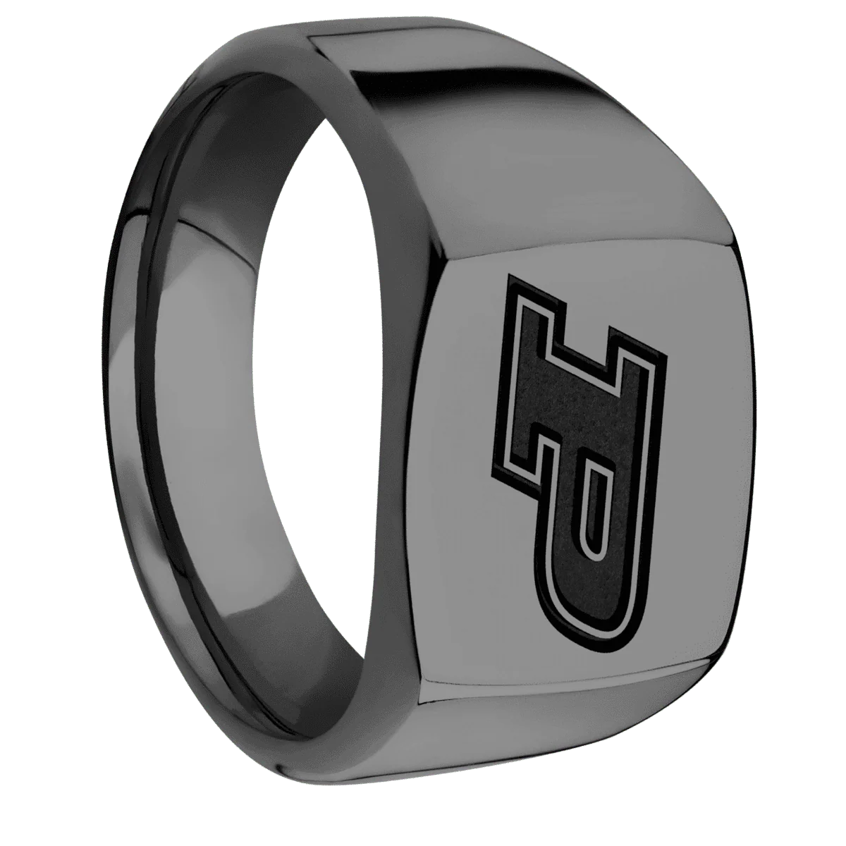 Medium Cushion signet ring (14x14mm) in Zirconium, with a Wide style band and a Purdue Motion P engraving.