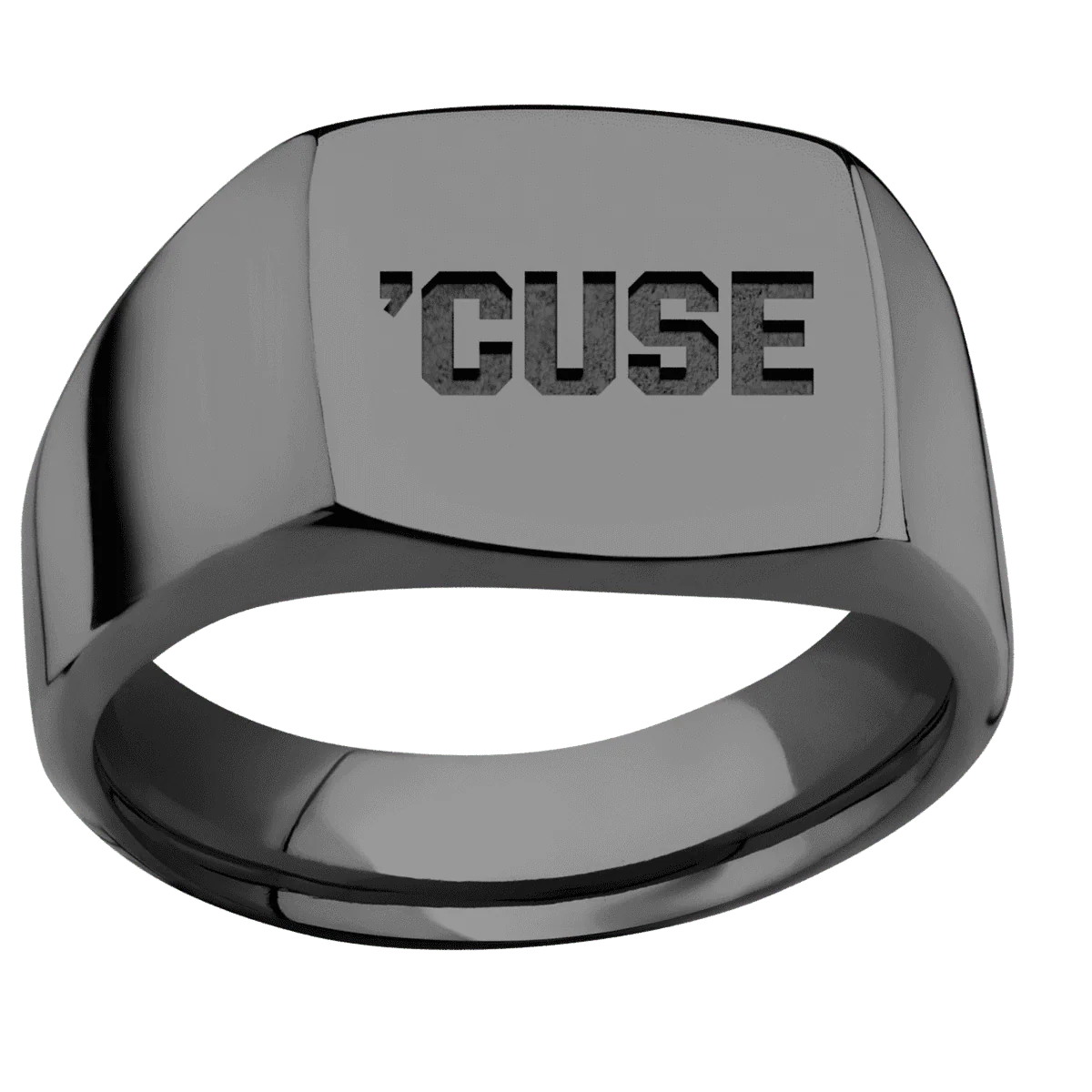 Medium Cushion signet ring (14x14mm) in Zirconium, with a Wide style band and a Syracuse Cuse Wordmark engraving. - Image 3