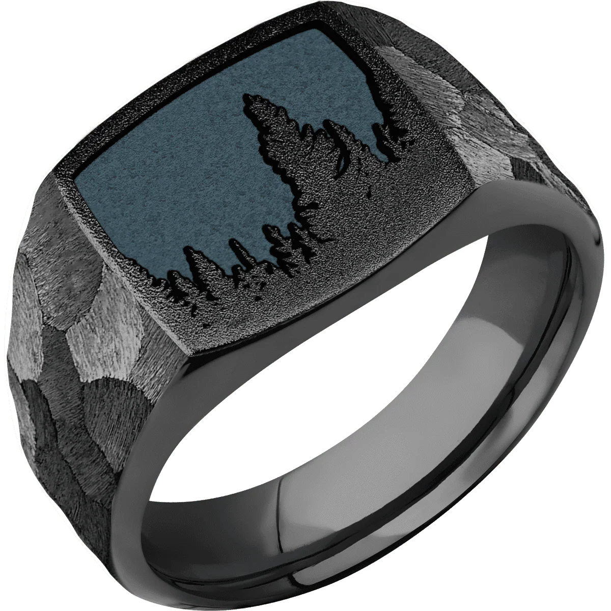 Medium Cushion signet ring (14x14mm) in Zirconium, with a Wide style band and a Trees Rev engraving. - Image 2