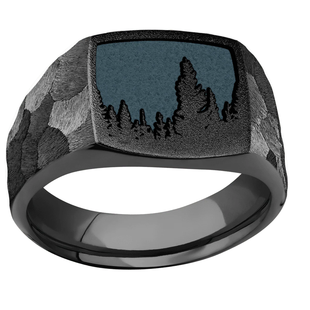 Medium Cushion signet ring (14x14mm) in Zirconium, with a Wide style band and a Trees Rev engraving. - Image 3