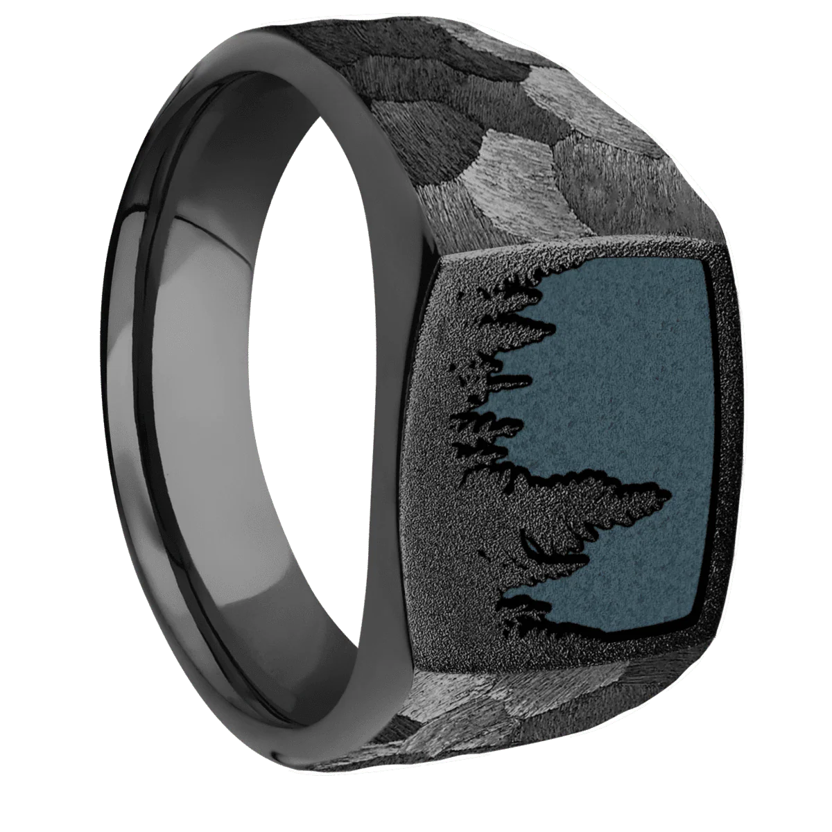 Medium Cushion signet ring (14x14mm) in Zirconium, with a Wide style band and a Trees Rev engraving.
