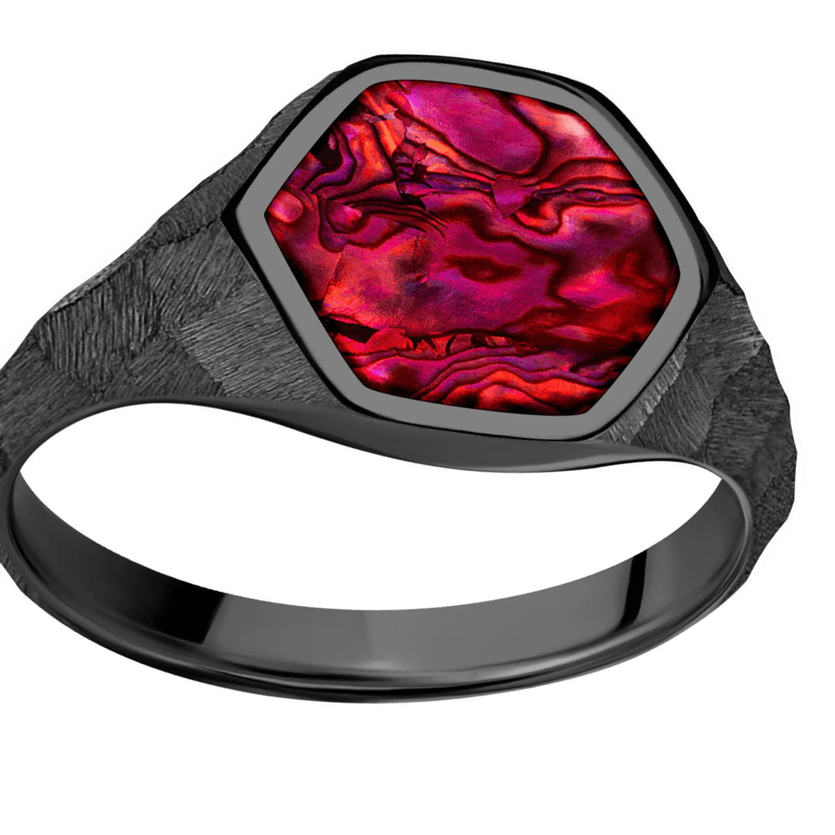 Medium Hexagon signet ring (13.9x12mm) in Zirconium, with a Thin style band, a Fuchsia Abalone inlay. - Image 3