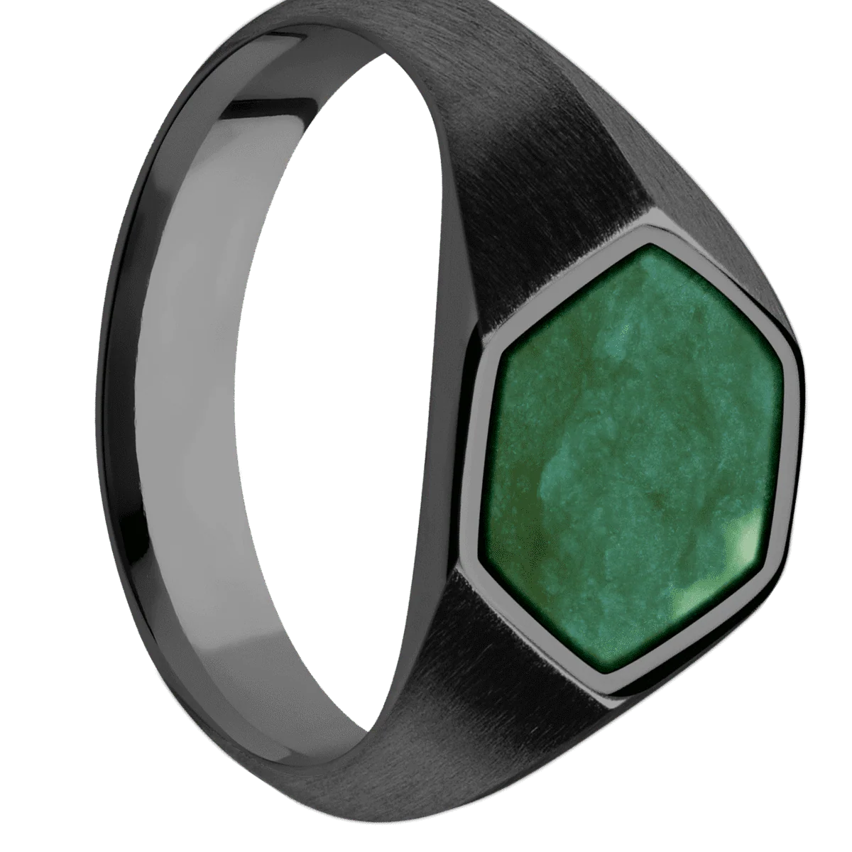 Medium Hexagon signet ring (13.9x12mm) in Zirconium, with a Wide style band, a Washington Green Jade inlay.