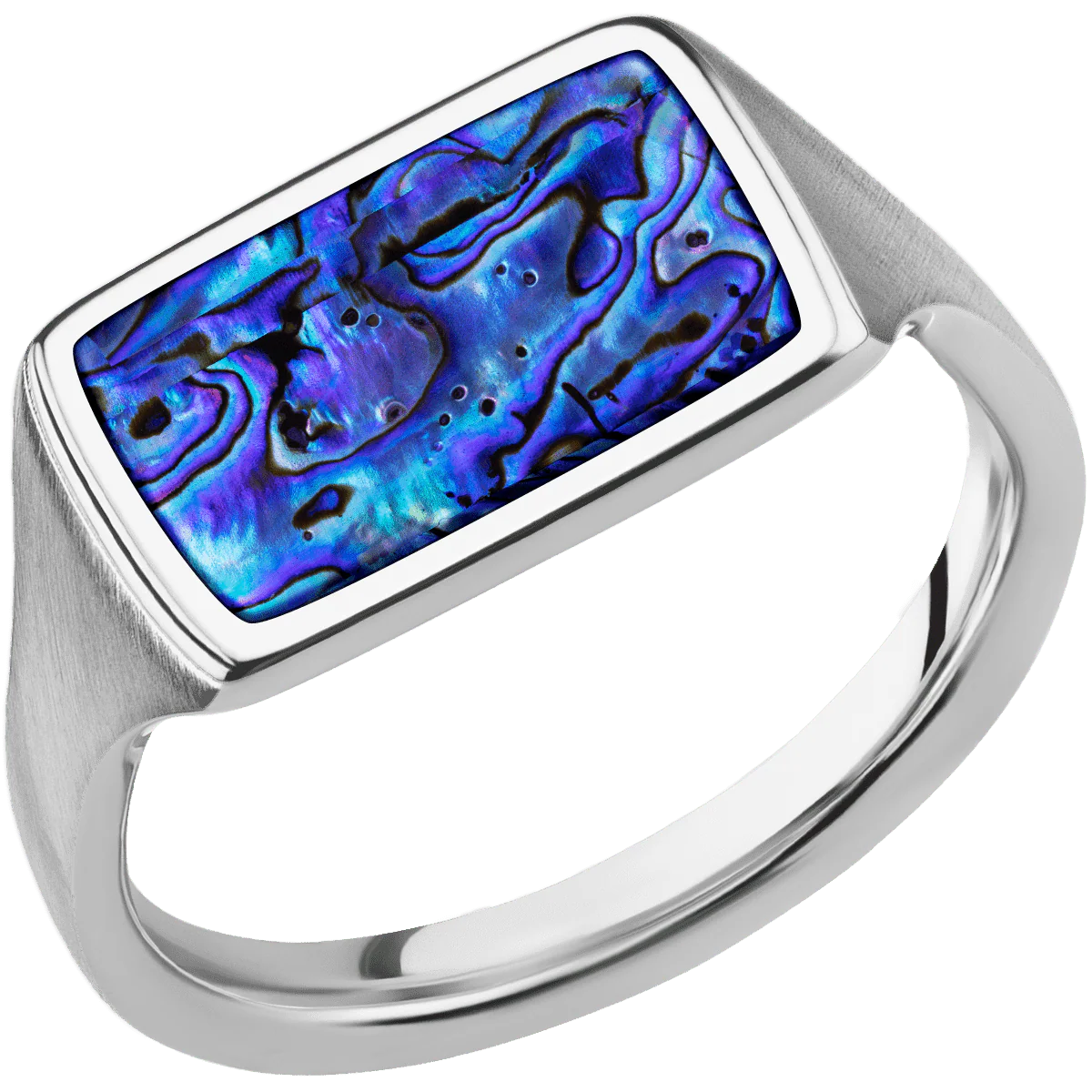 Medium Horizontal Rectangle signet ring (16x11.5mm) in Cobalt Chrome, with a Thin style band, a Blue Purple Abalone inlay. - Image 2
