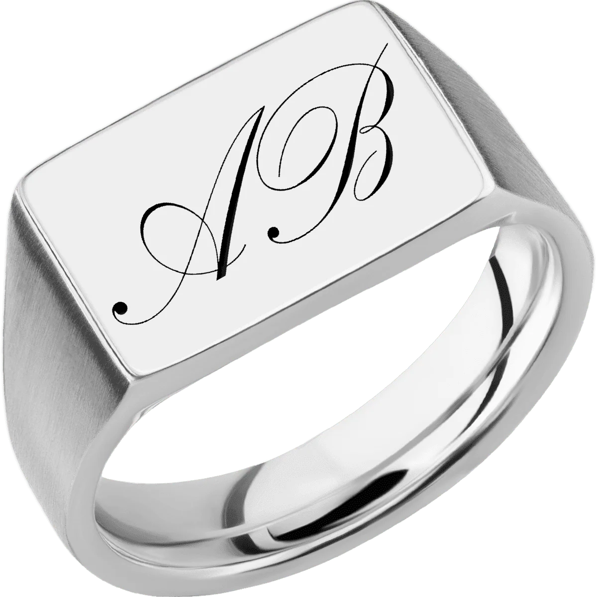Medium Horizontal Rectangle signet ring (16x11.5mm) in Platinum, with a Wide style band and a Kunstler Script 2 engraving. - Image 2