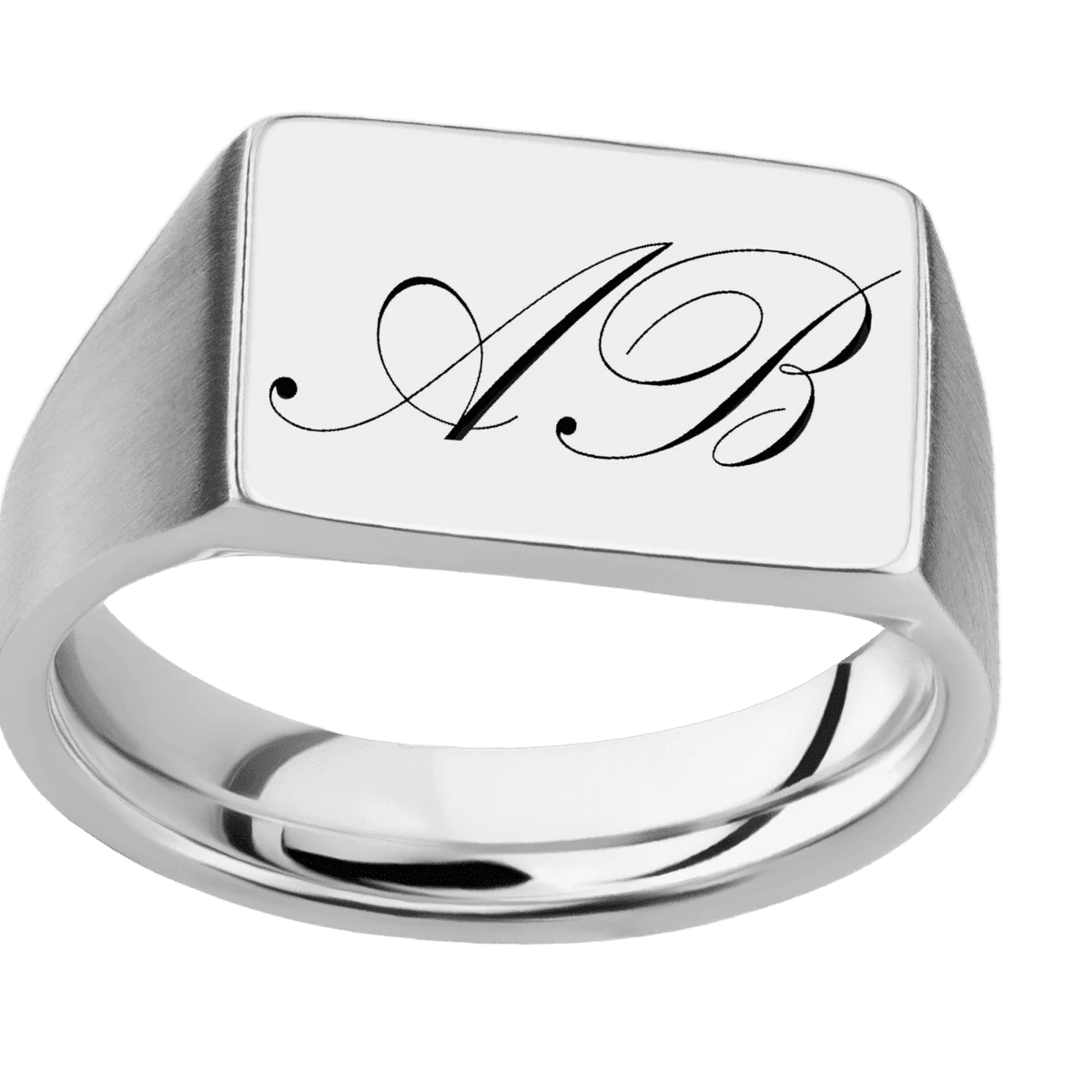 Medium Horizontal Rectangle signet ring (16x11.5mm) in Platinum, with a Wide style band and a Kunstler Script 2 engraving. - Image 3