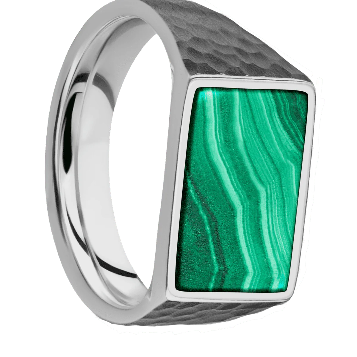 Medium Horizontal Rectangle signet ring (16x11.5mm) in Titanium, with a Wide style band, a Malachite inlay.