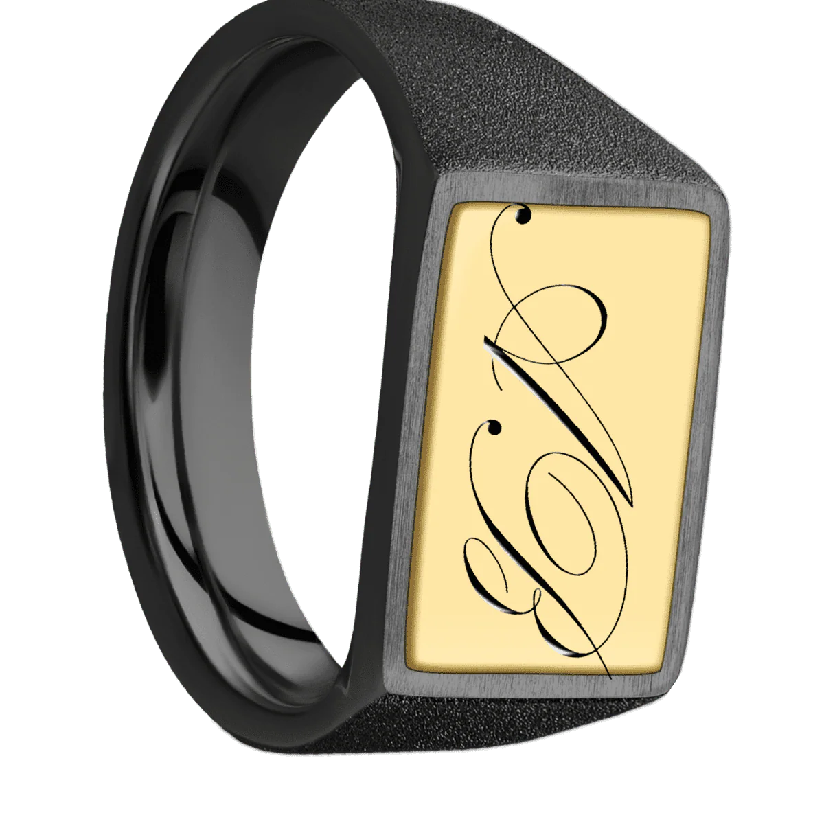 Medium Horizontal Rectangle signet ring (16x11.5mm) in Zirconium, with a Wide style band, a 14K Yellow Gold inlay and a Kunstler Script 2 engraving.