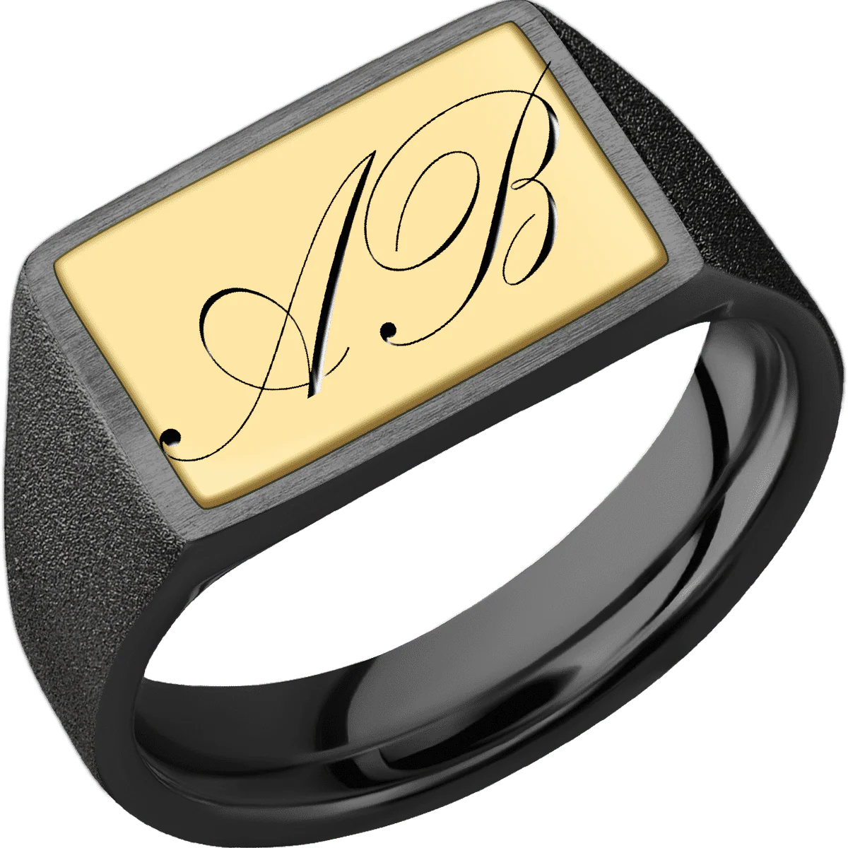 Medium Horizontal Rectangle signet ring (16x11.5mm) in Zirconium, with a Wide style band, a 14K Yellow Gold inlay and a Kunstler Script 2 engraving. - Image 2