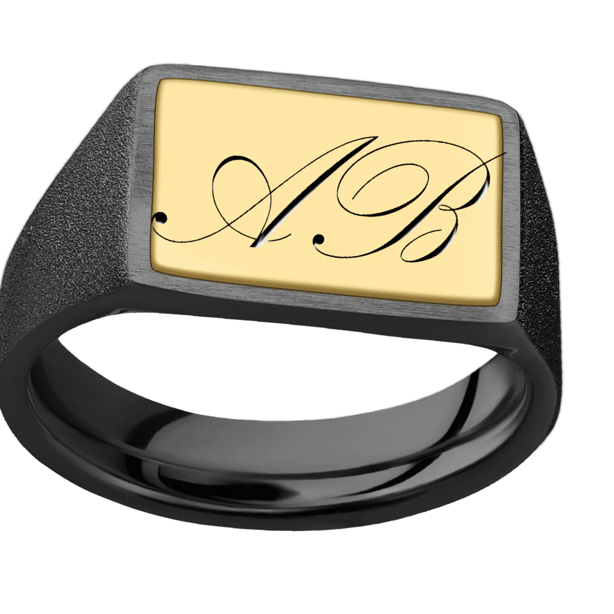 Medium Horizontal Rectangle signet ring (16x11.5mm) in Zirconium, with a Wide style band, a 14K Yellow Gold inlay and a Kunstler Script 2 engraving. - Image 3