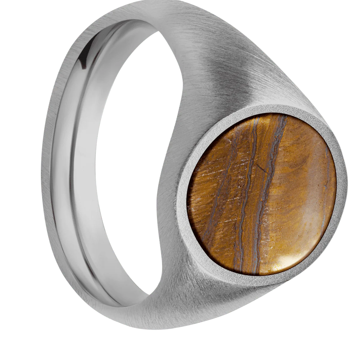 Medium Oval signet ring (16x13mm) in Titanium, with a Wide style band, a Tigers Eye inlay.