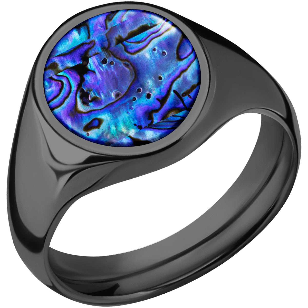 Medium Oval signet ring (16x13mm) in Zirconium, with a Wide style band, a Blue Purple Abalone inlay. - Image 2