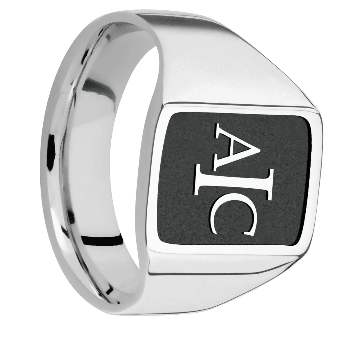 Medium Rectangle signet ring (16x11.5mm) in Palladium Silver, with a Wide style band and a Book Antiqua 3 Rev engraving.