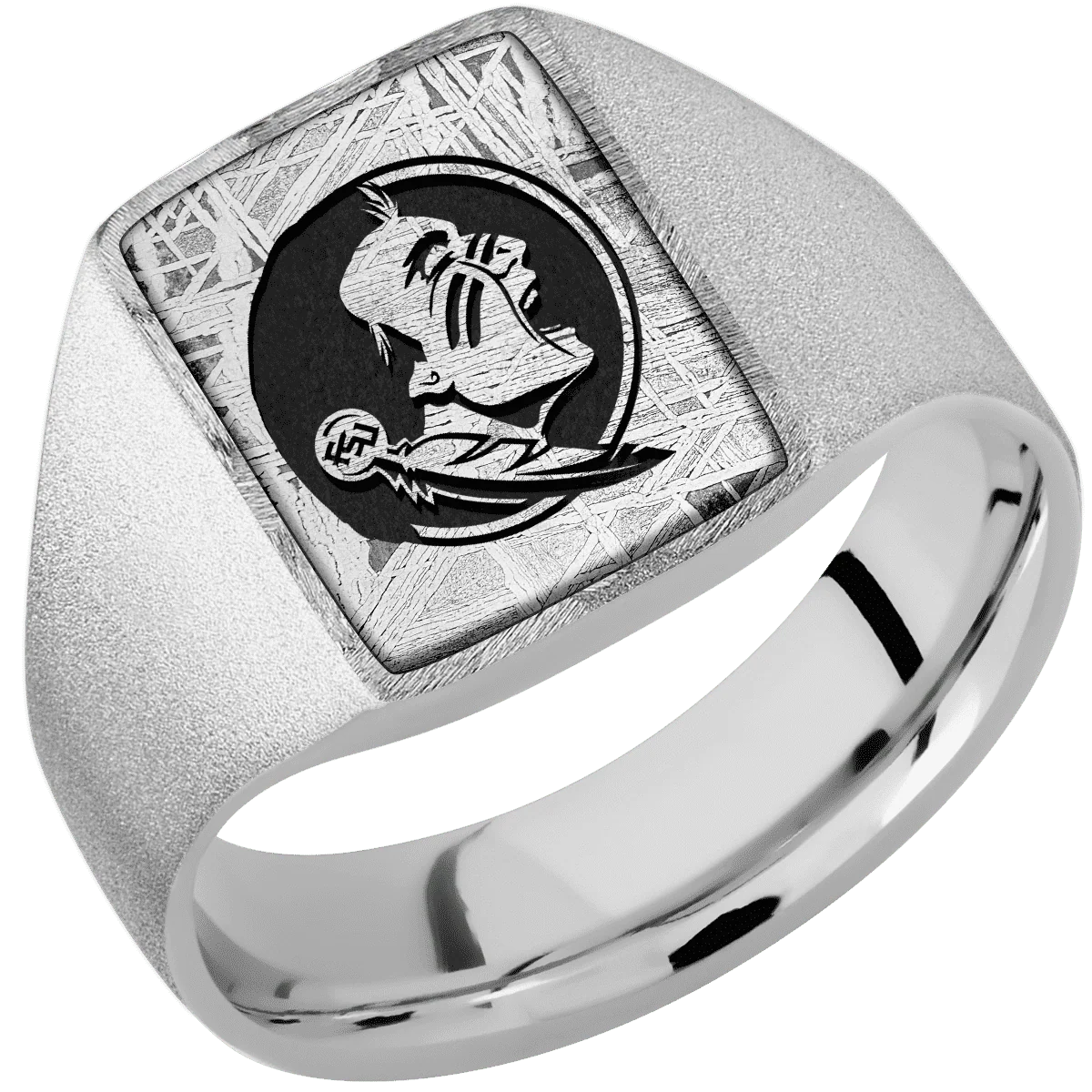 Medium Rectangle signet ring (16x11.5mm) in Platinum, with a Wide style band, a Meteorite inlay and a Florida State Seminole Head engraving. - Image 2