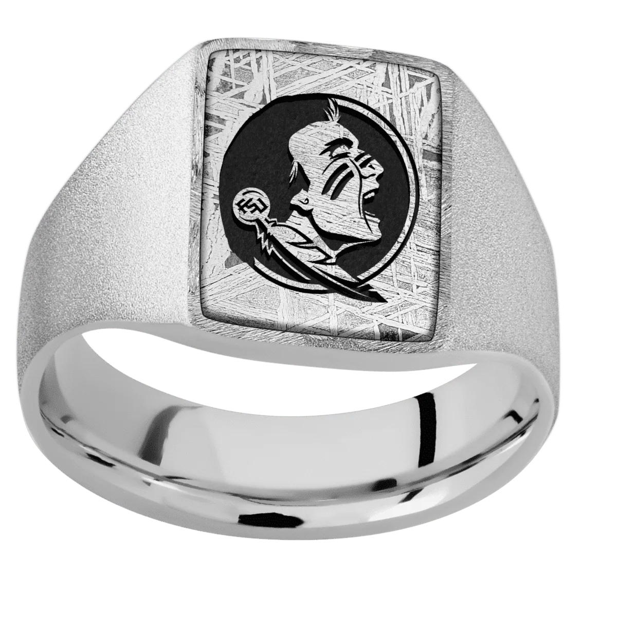 Medium Rectangle signet ring (16x11.5mm) in Platinum, with a Wide style band, a Meteorite inlay and a Florida State Seminole Head engraving. - Image 3