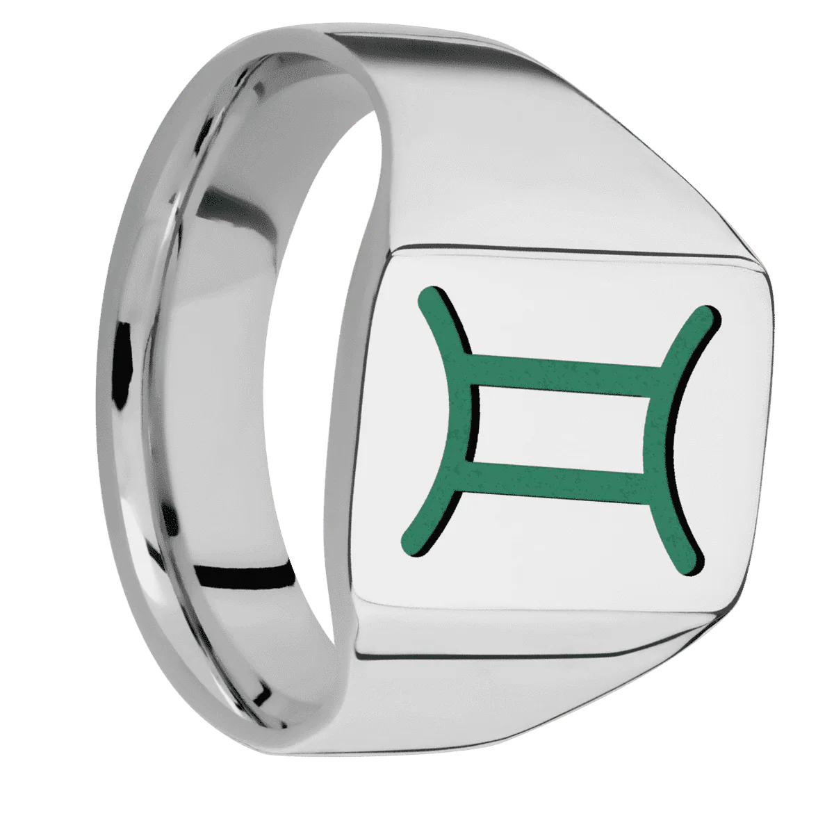 Medium Rectangle signet ring (16x11.5mm) in Titanium, with a Wide style band and a GEMINI engraving.