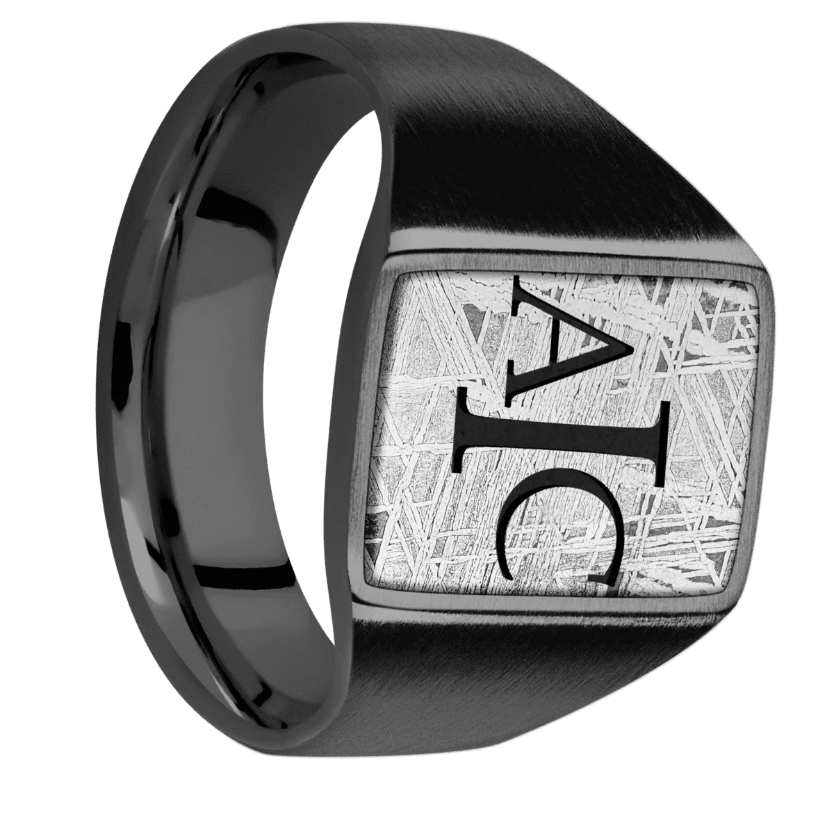 Medium Rectangle signet ring (16x11.5mm) in Zirconium, with a Wide style band, a Meteorite inlay and a Book Antiqua 3 engraving.