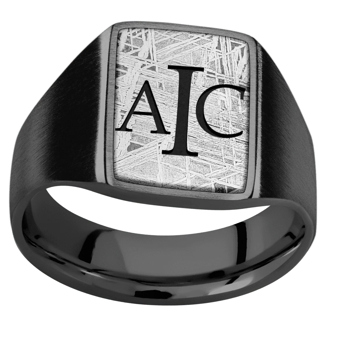 Medium Rectangle signet ring (16x11.5mm) in Zirconium, with a Wide style band, a Meteorite inlay and a Book Antiqua 3 engraving. - Image 3