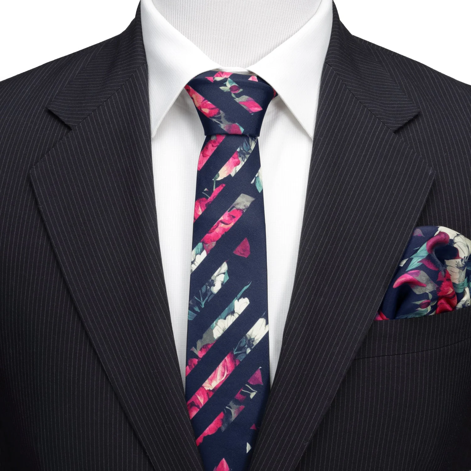 Painted Floral Navy Stripe Silk Men's Tie - Image 2