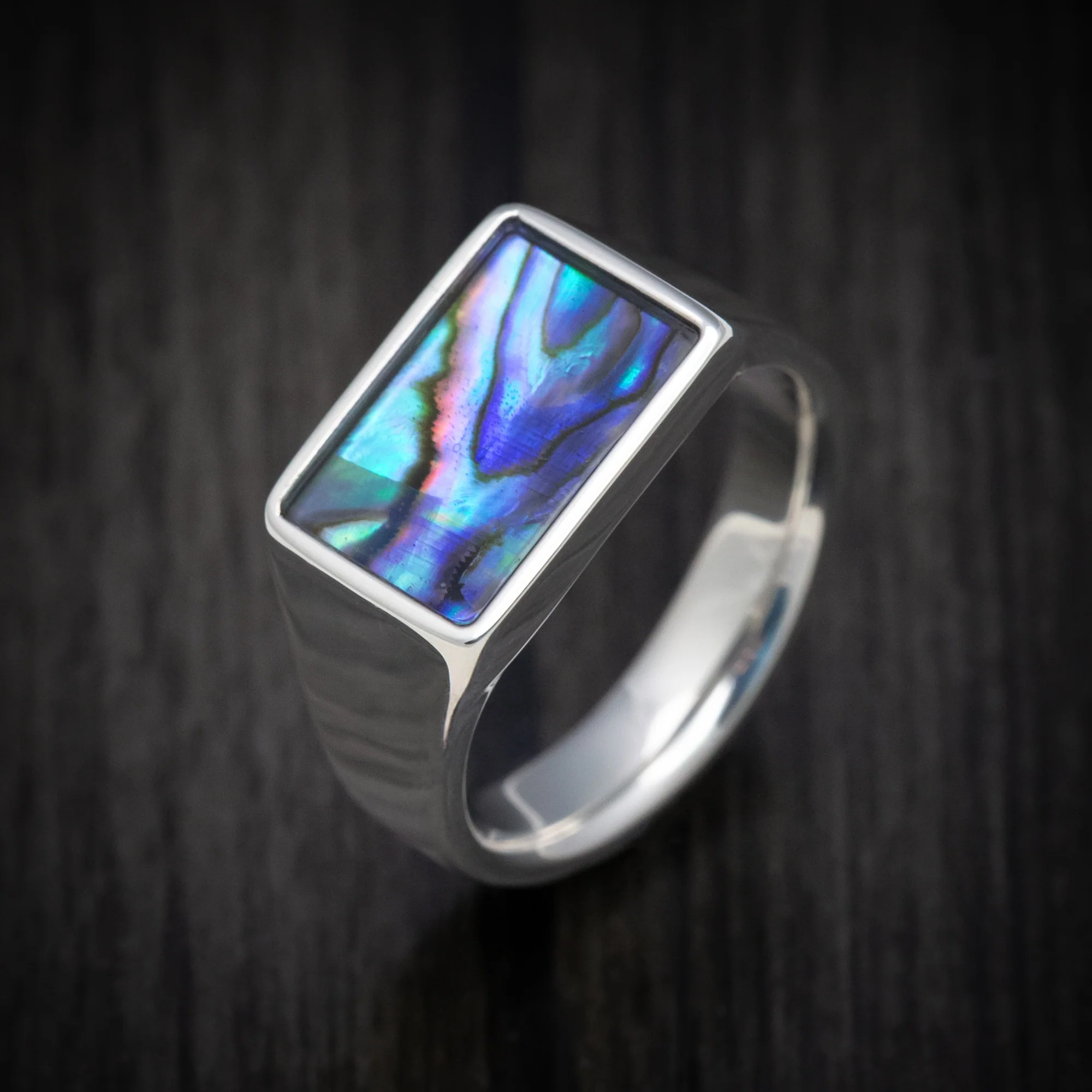 Palladium Silver Medium Signet Ring with Abalone Inlay - Image 4