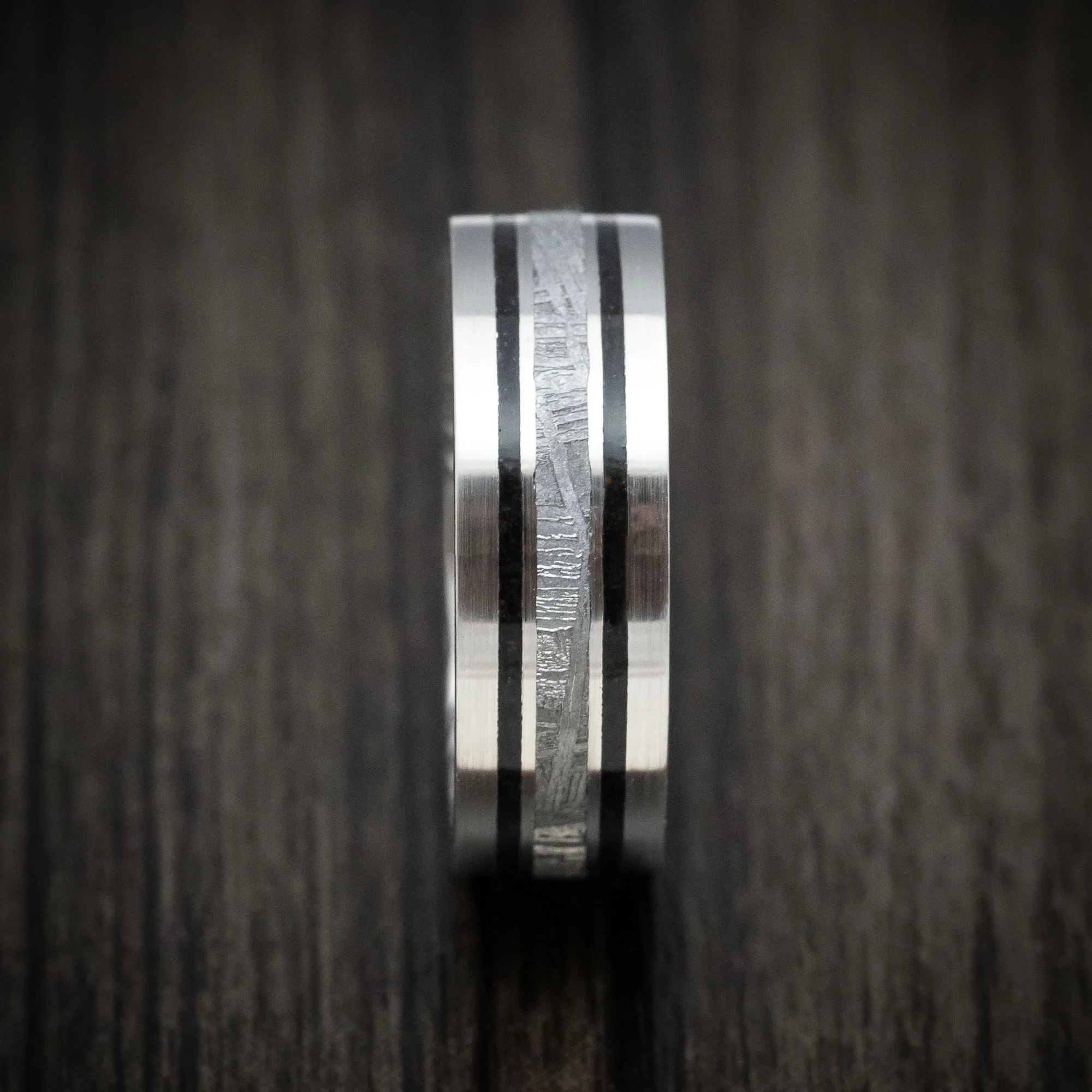 Platinum Men's Ring with Meteorite and Dinosaur Bone Inlays and Woodgrain Kuro Damascus Steel Sleeve - Image 3