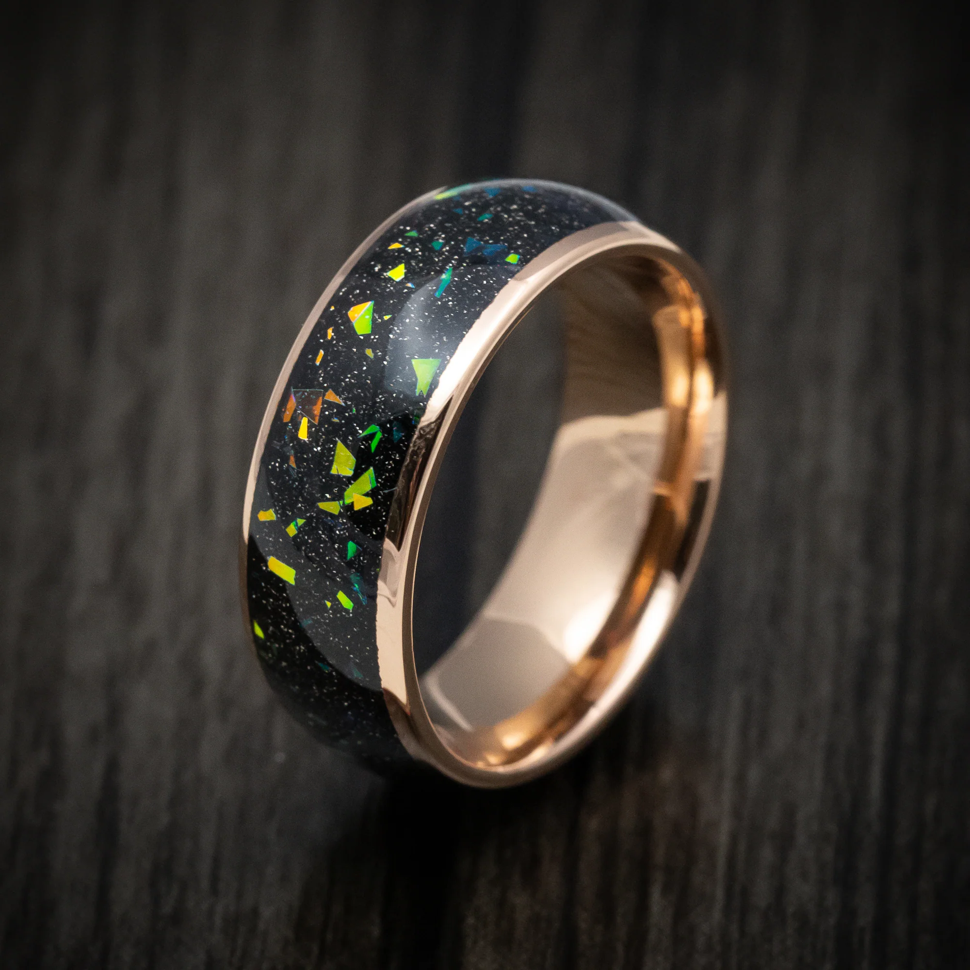 Golden Tungsten Men's Ring with Opal and Abalone Inlay - Image 4