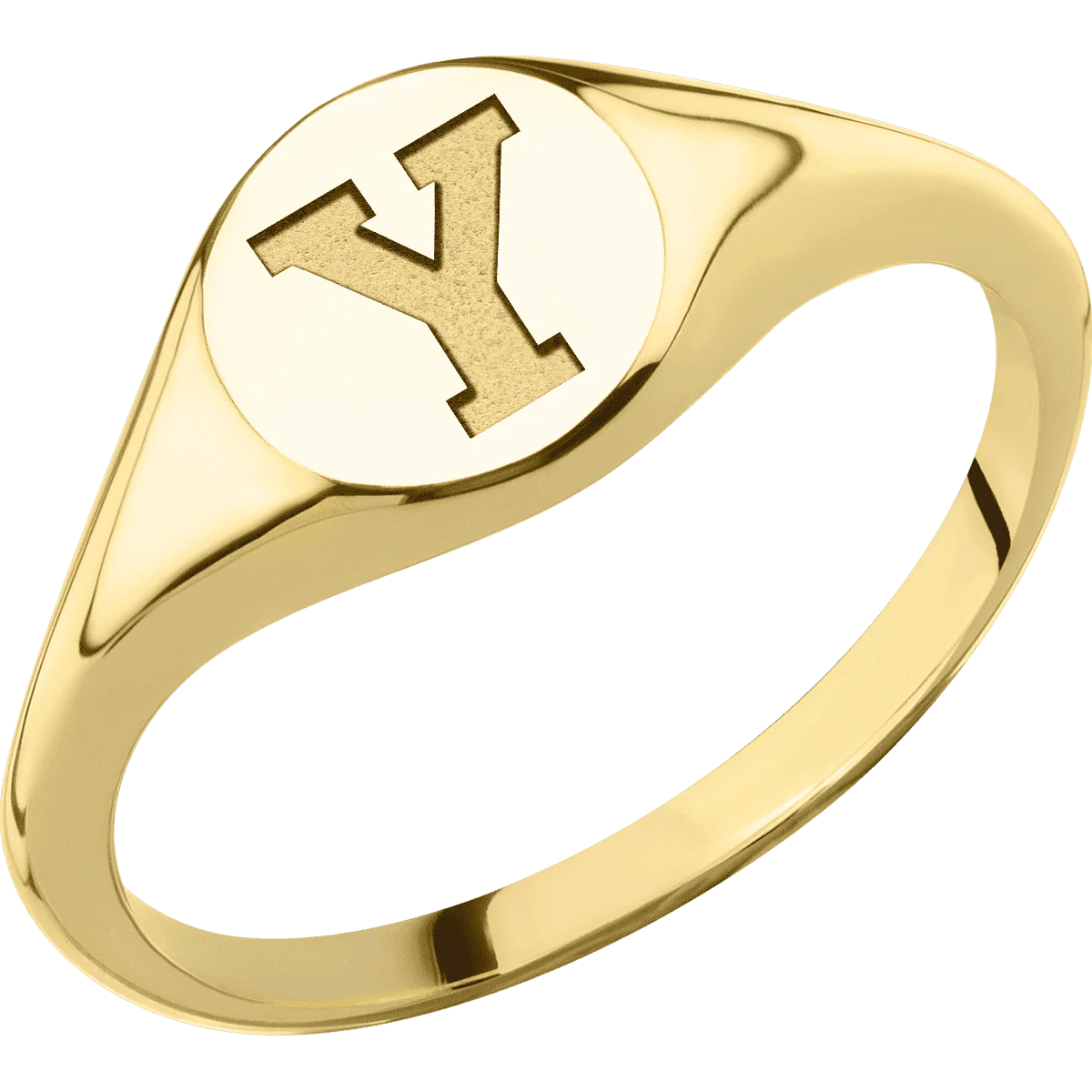 Small Circle signet ring (10mm) in 14K Yellow Gold, with a Thin style band and a Brigham Young Block Y engraving. - Image 2