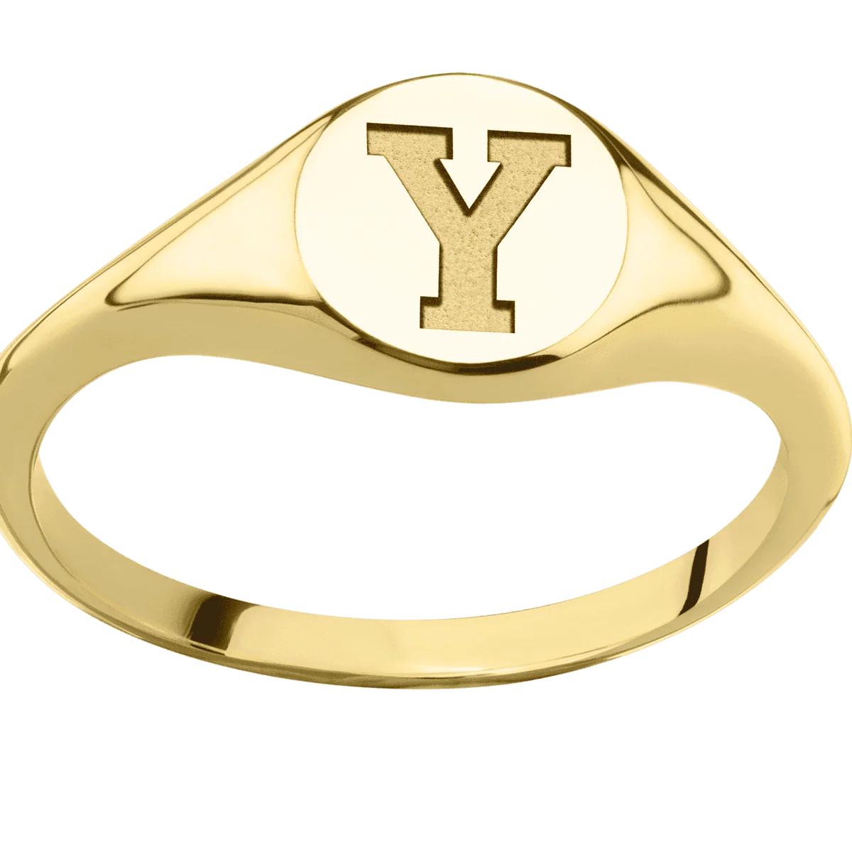 Small Circle signet ring (10mm) in 14K Yellow Gold, with a Thin style band and a Brigham Young Block Y engraving. - Image 3