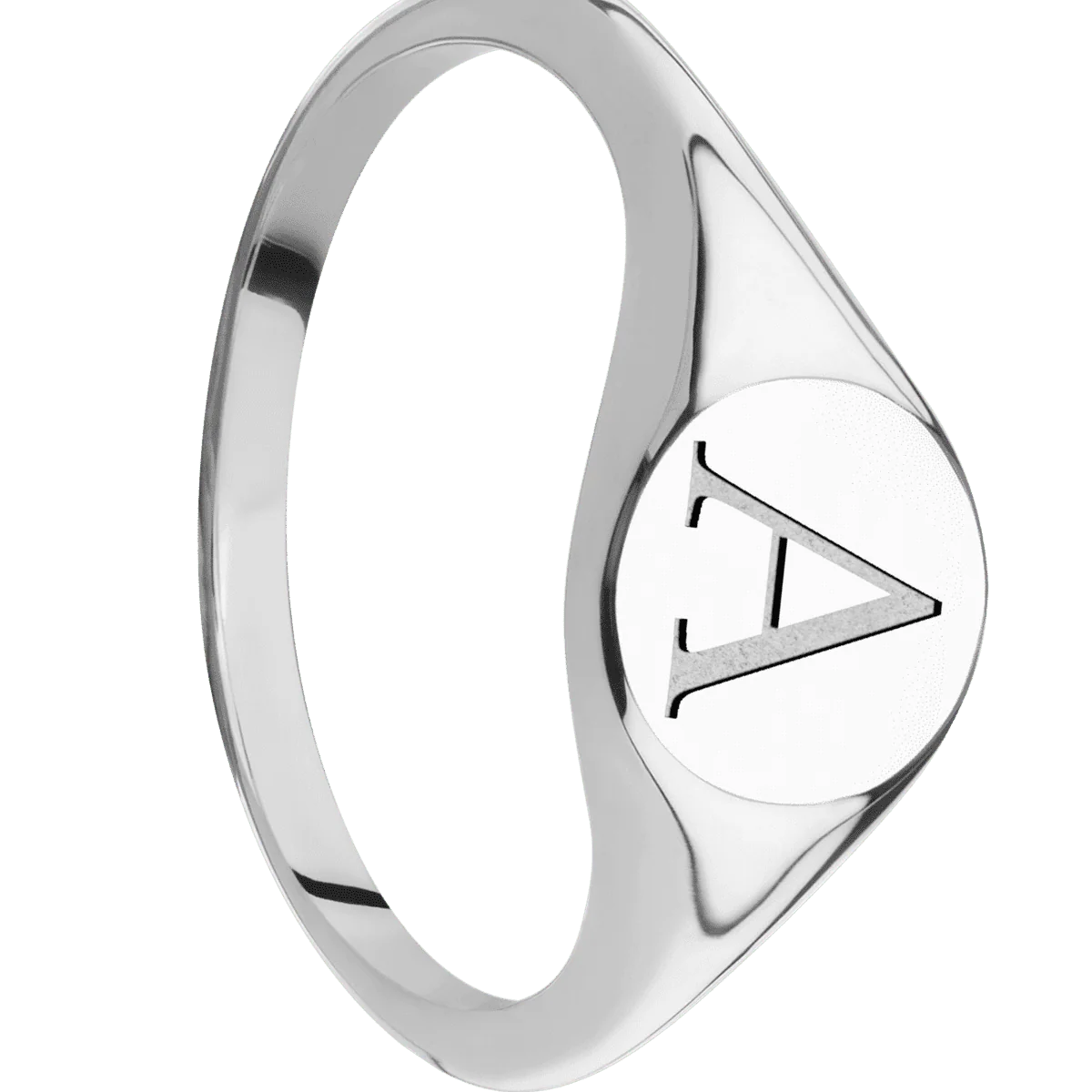 Small Circle signet ring (10mm) in Cobalt Chrome, with a Thin style band and a Book Antiqua 1 engraving.
