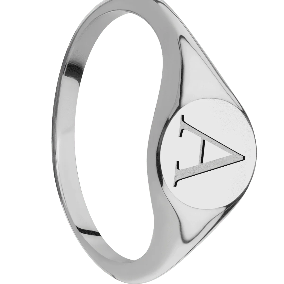 Small Circle signet ring (10mm) in Titanium, with a Thin style band and a Book Antiqua 1 engraving.