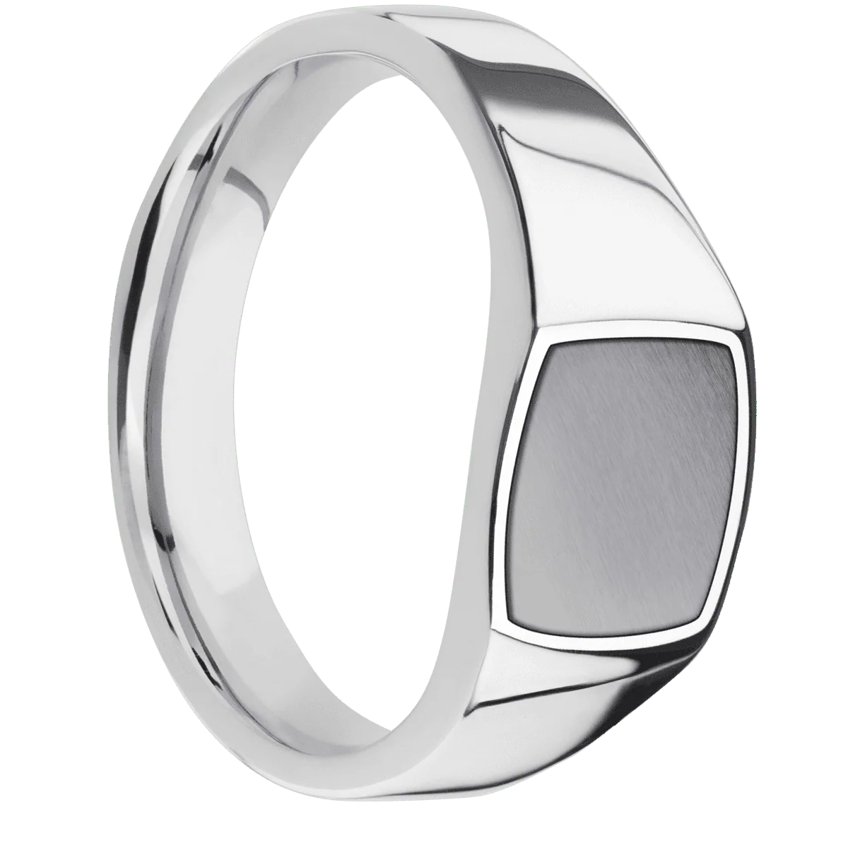 Small Cushion signet ring (10x10mm) in Palladium Silver, with a Wide style band, a Tantalum inlay.