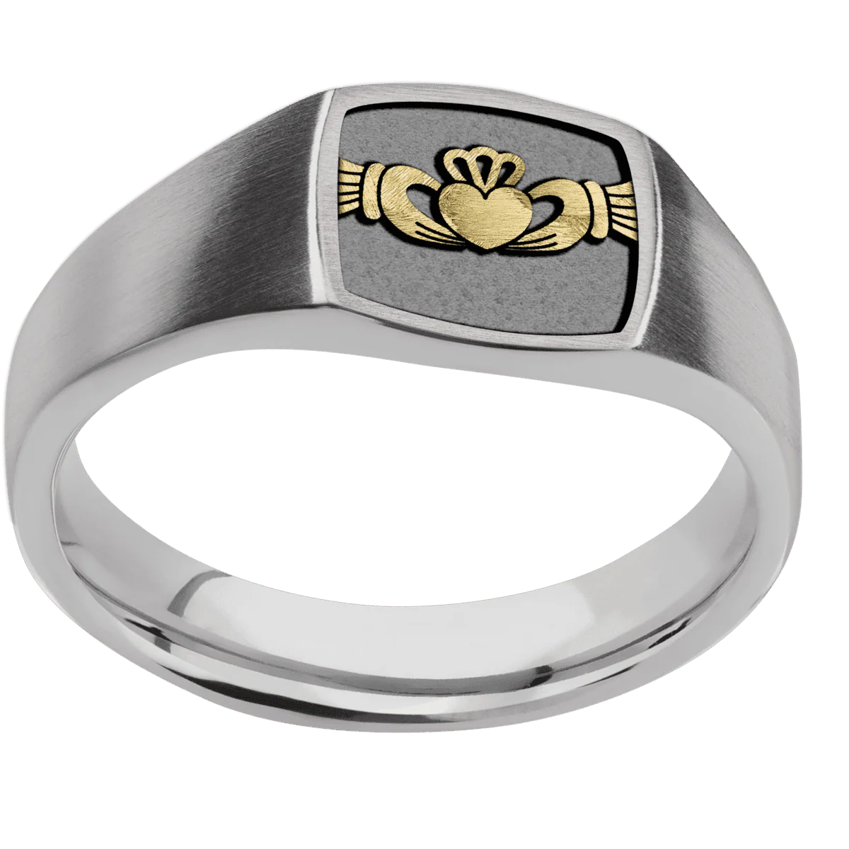 Small Cushion signet ring (10x10mm) in Titanium, with a Wide style band, a 14K Yellow Gold inlay and a Claddagh 4 engraving. - Image 3