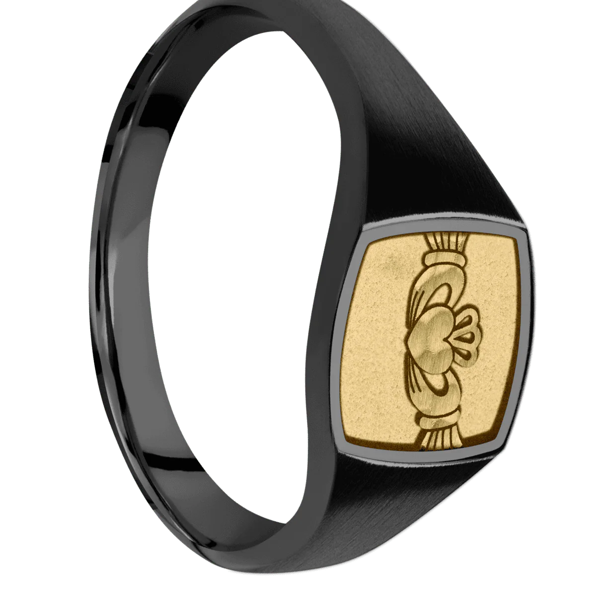 Small Cushion signet ring (10x10mm) in Zirconium, with a Thin style band, a 14K Yellow Gold inlay and a Claddagh 4 engraving.