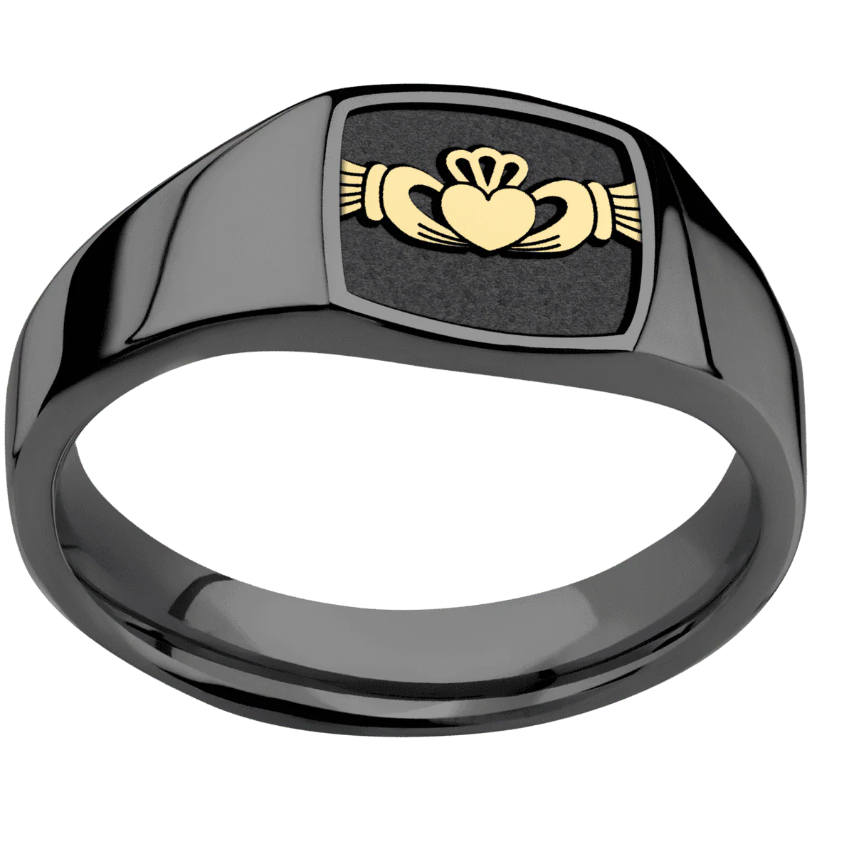 Small Cushion signet ring (10x10mm) in Zirconium, with a Wide style band, a 14K Yellow Gold inlay and a Claddagh 4 engraving. - Image 3