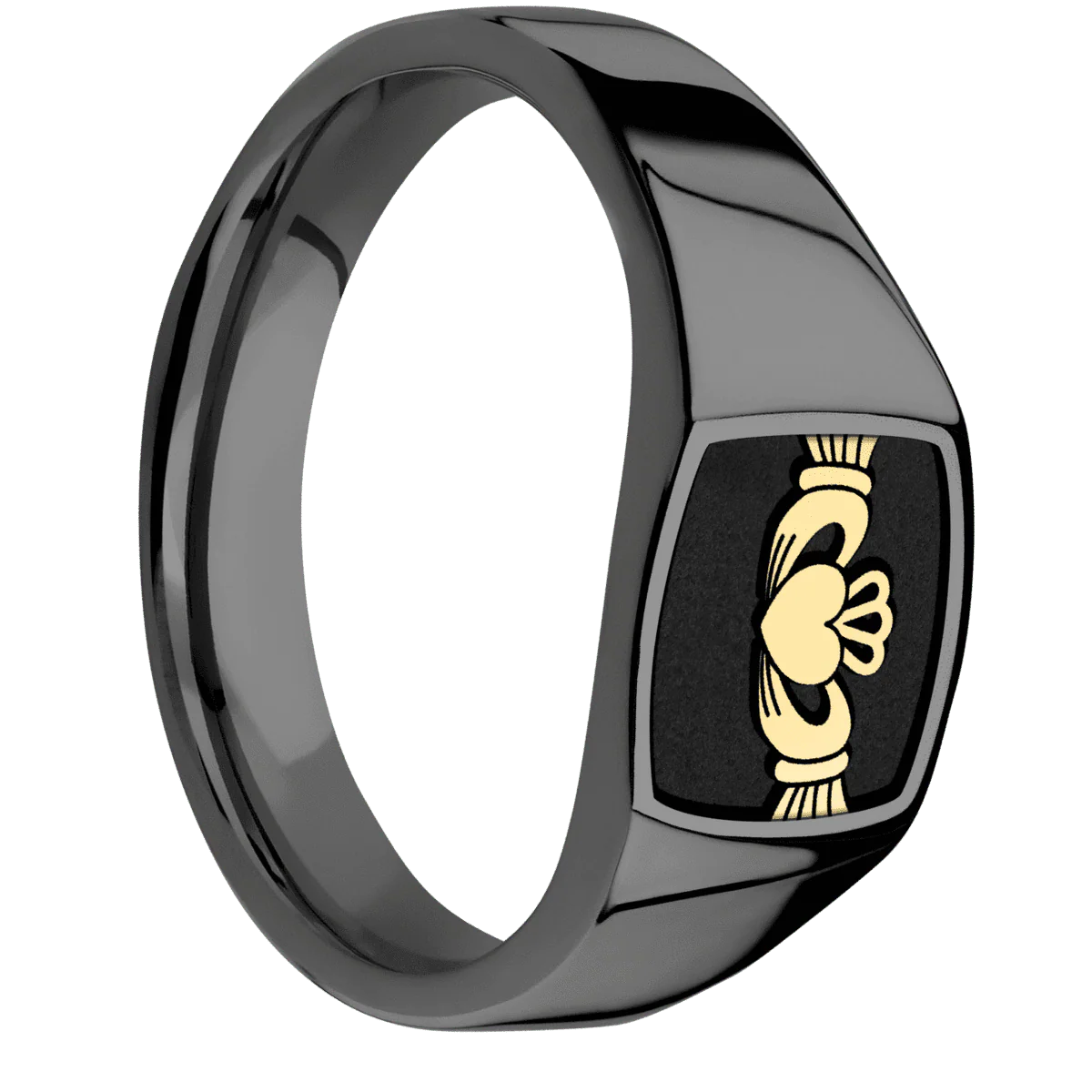 Small Cushion signet ring (10x10mm) in Zirconium, with a Wide style band, a 14K Yellow Gold inlay and a Claddagh 4 engraving.
