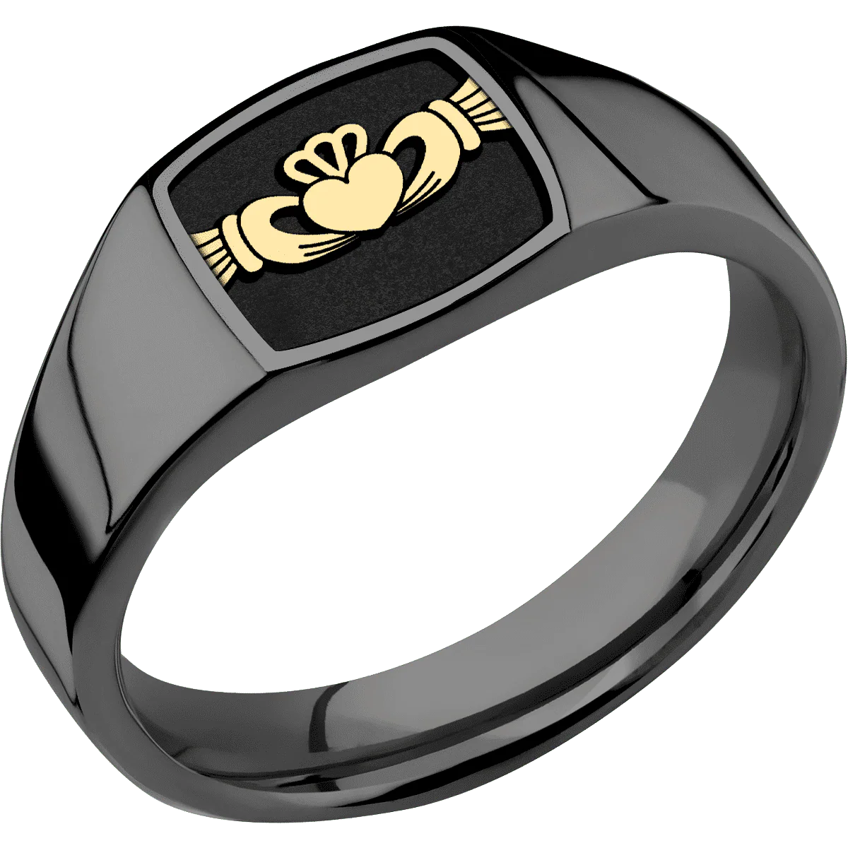 Small Cushion signet ring (10x10mm) in Zirconium, with a Wide style band, a 14K Yellow Gold inlay and a Claddagh 4 engraving. - Image 2